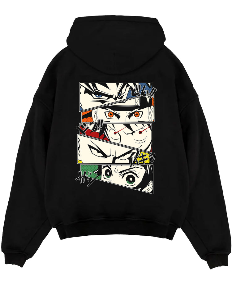 Black pullover hoodie laid flat on a white background, featuring shonen manga panel collage of Goku, Naruto, Luffy, Saitama, and Tanjiro.