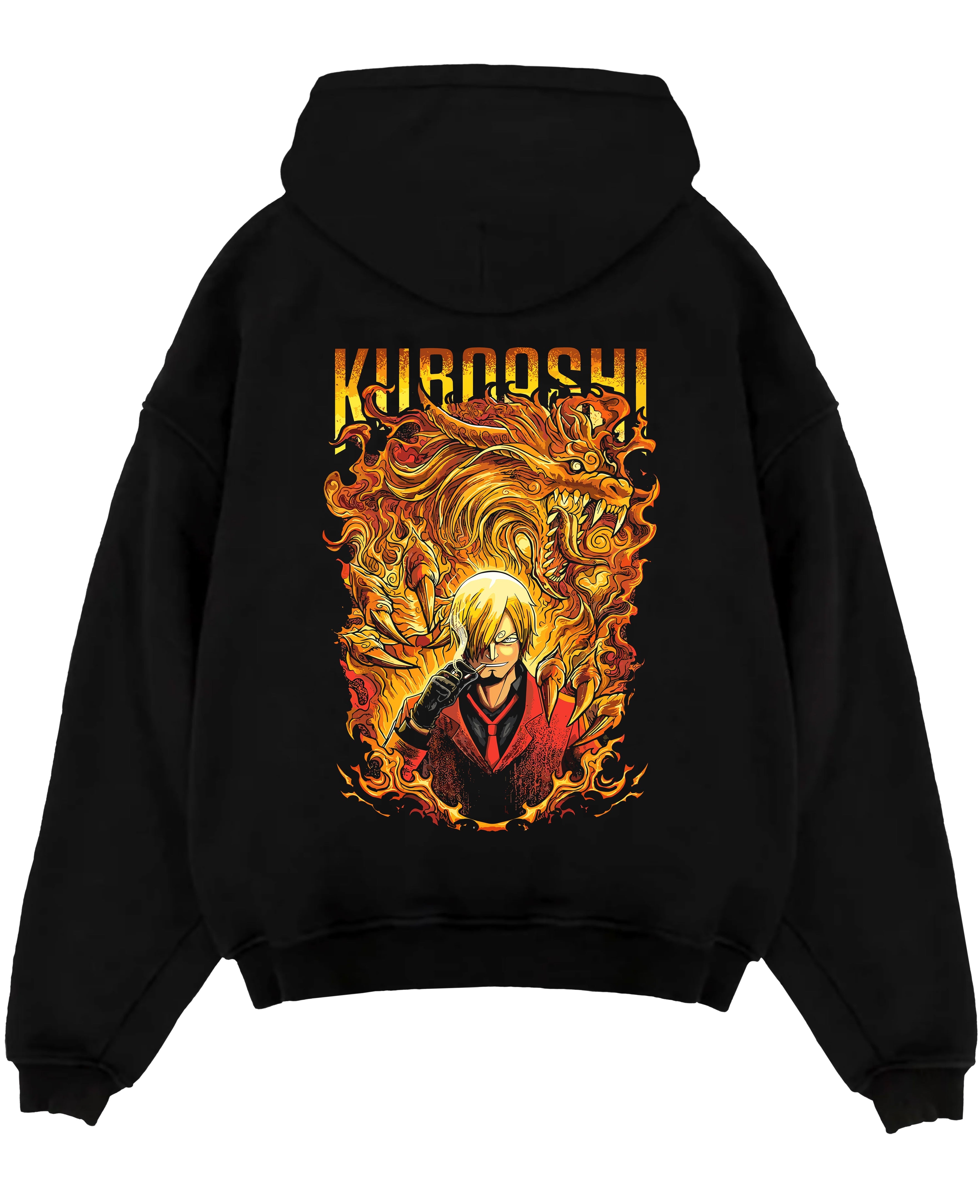 Black pullover hoodie laid flat on a white background, featuring Sanji Kuroashi One Piece anime poster inspired design with fiery dragon and bold retro manga tones.