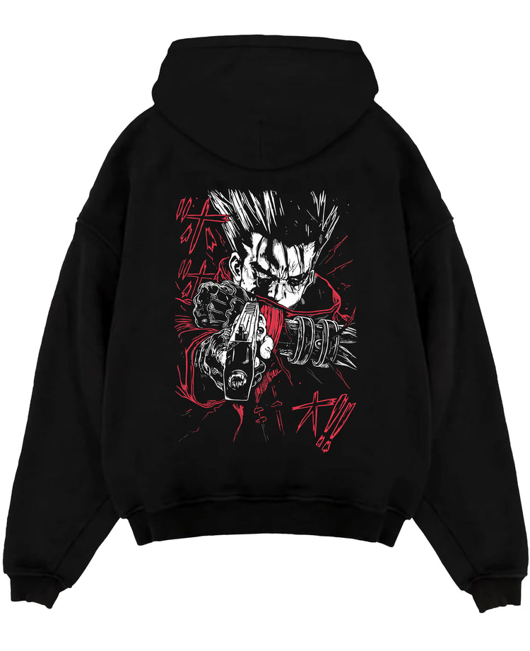 ChatGPT said:
Black pullover hoodie laid flat on a white background, featuring Trigun Vash the Stampede dark manga panel design with red coat and gun artwork.