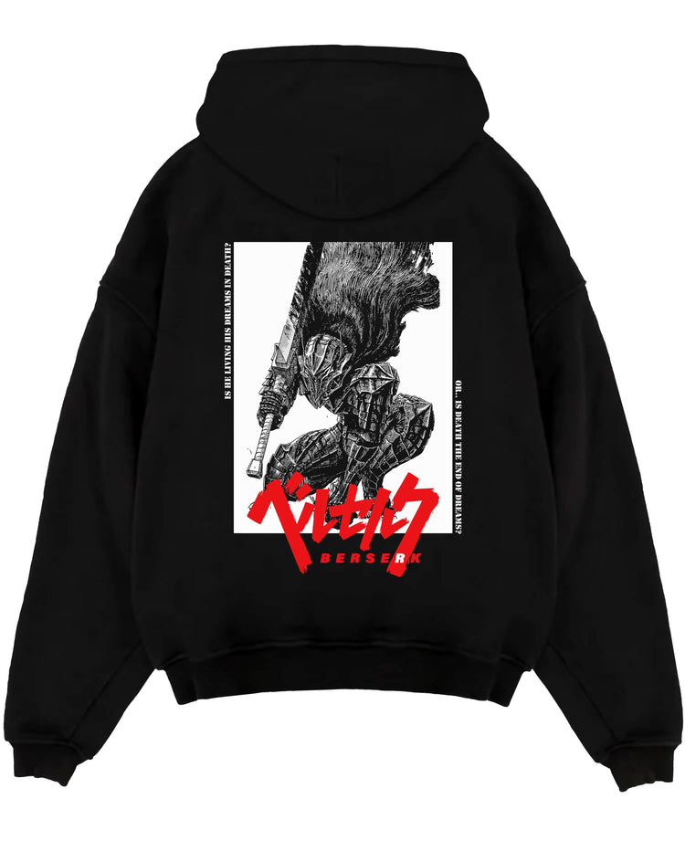 Black pullover hoodie laid flat on a white background, featuring Berserk Guts anime poster inspired design with sword raised in gritty dark manga panel style.