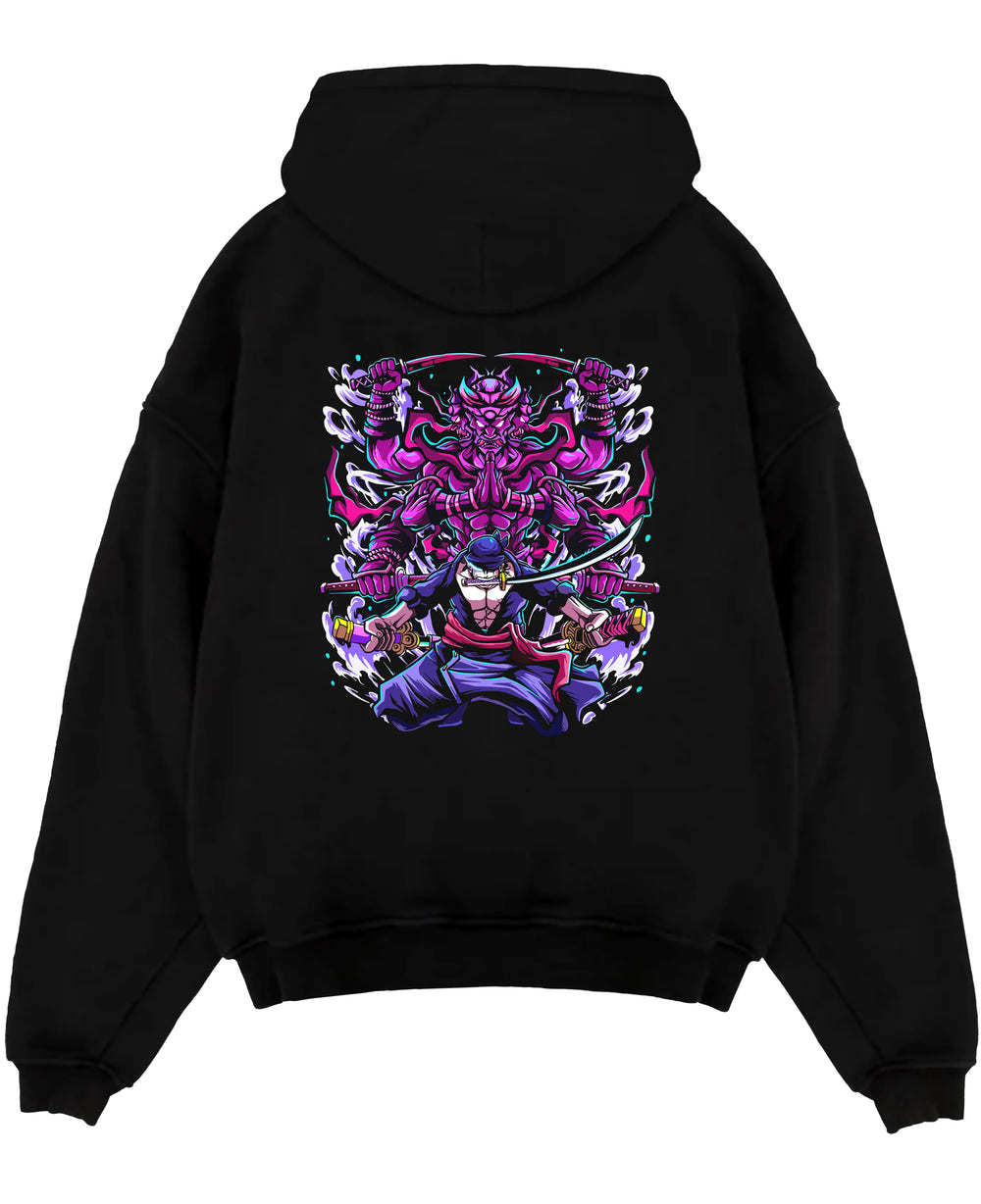 Black pullover hoodie laid flat on a white background, featuring Zoro with purple Susanoo anime poster inspired design in bold shonen battle artwork.