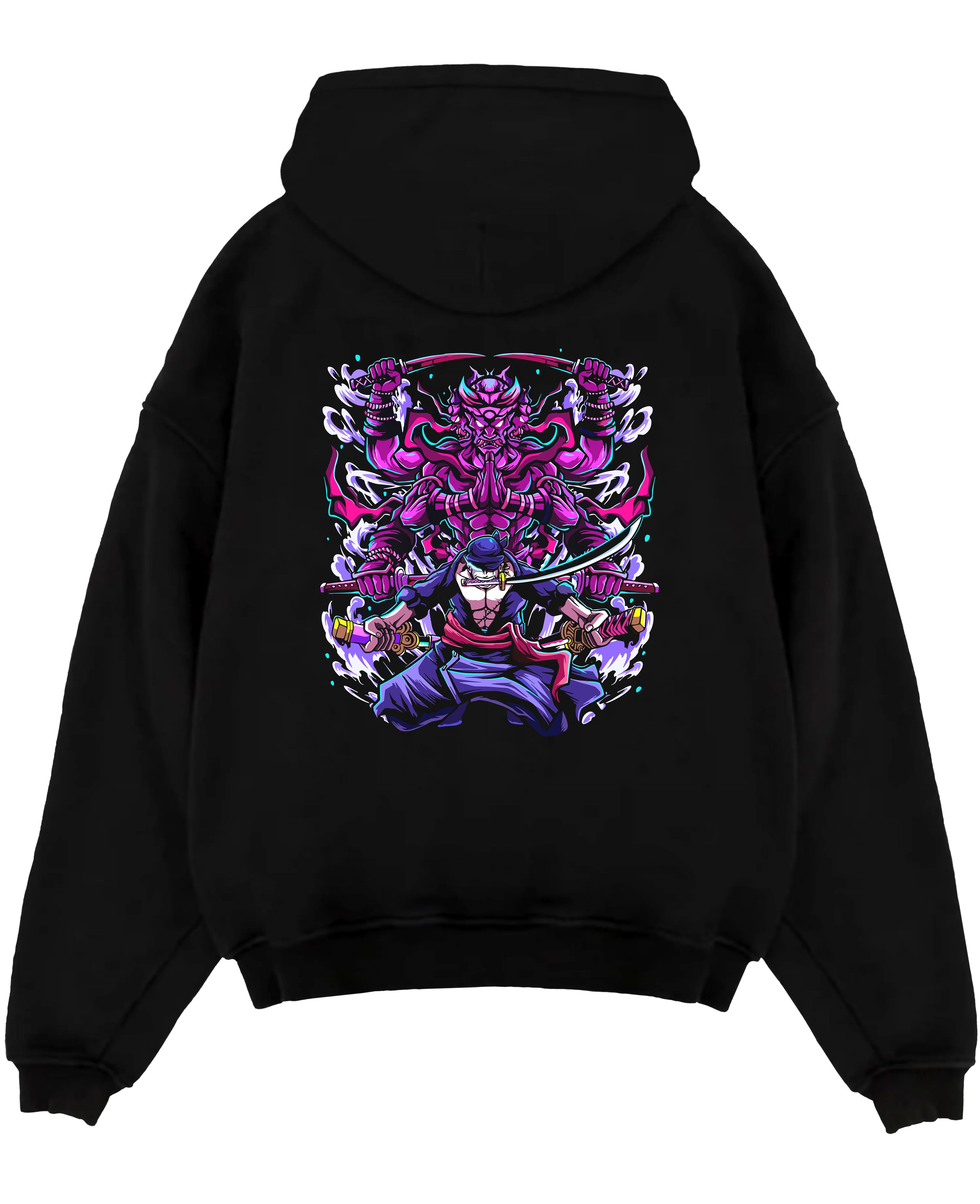 Black pullover hoodie laid flat on a white background, featuring Zoro with purple Susanoo anime poster inspired design in bold shonen battle artwork.