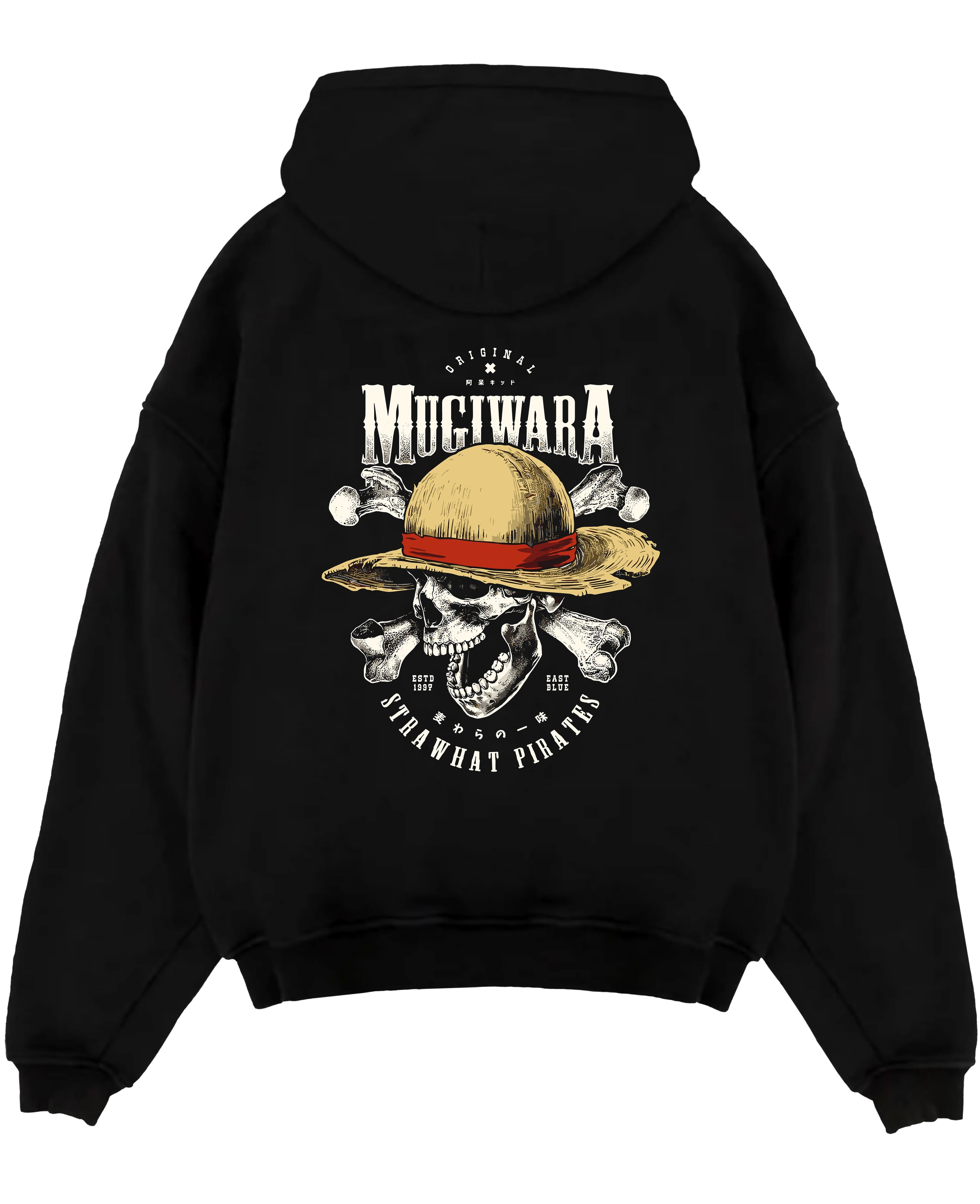 Black pullover hoodie laid flat on a white background, featuring One Piece Straw Hat Pirates skull logo in retro manga graphic style with vintage pirate theme.