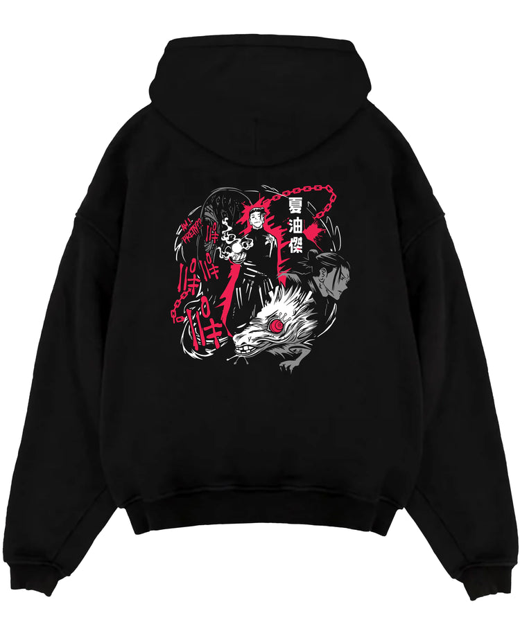 ChatGPT said:
Black pullover hoodie laid flat on a white background, featuring Jujutsu Kaisen Suguru Geto anime poster inspired design with retro manga artwork and curse spirit details.