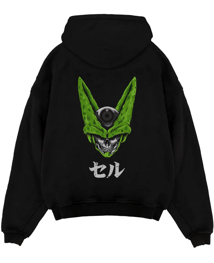Black pullover hoodie laid flat on white, featuring Dragon Ball Cell skull fusion anime poster inspired design with retro manga graphic style.