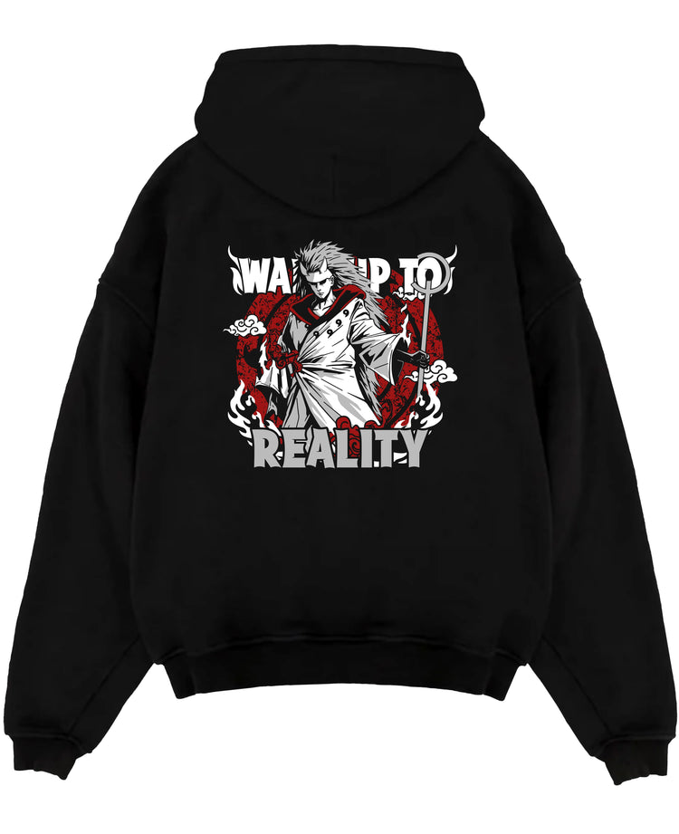 Black pullover hoodie laid flat on a white background, featuring Naruto Madara Uchiha anime poster inspired design with bold red circle and dark manga panel style.