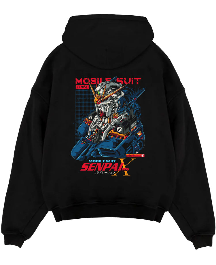 Black pullover hoodie laid flat on a white background, featuring Mobile Suit retro mecha anime poster inspired design with bold robotic detail and cyberpunk style.