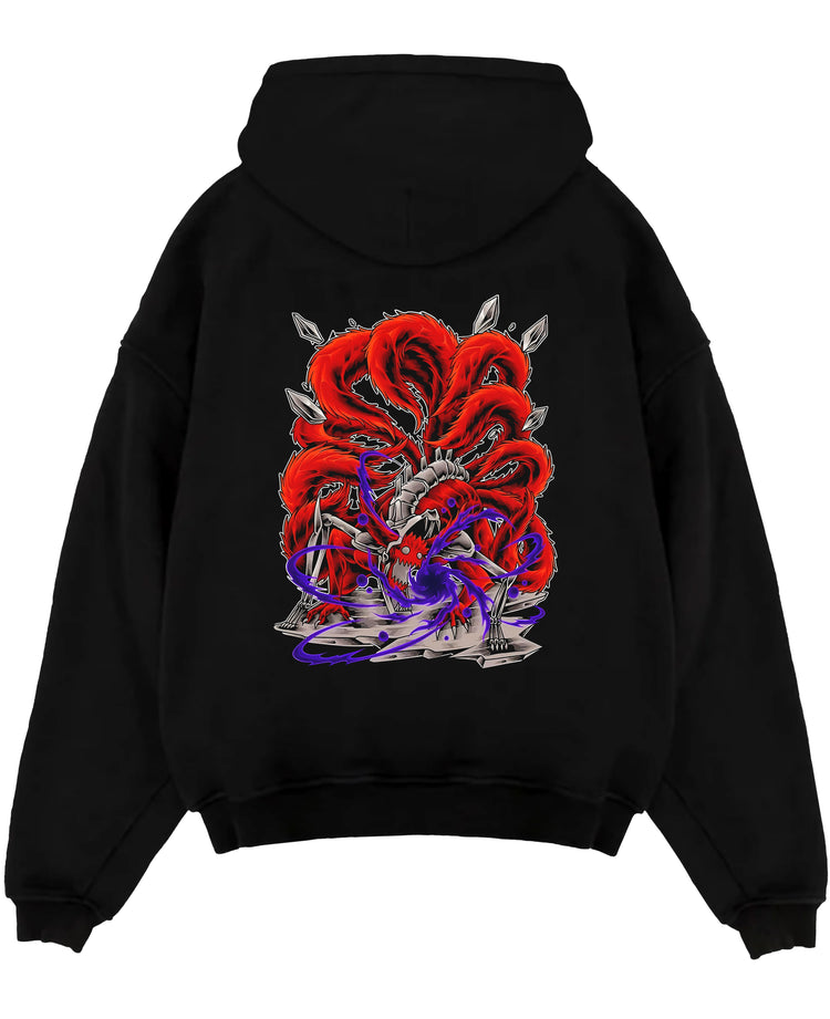 Black pullover hoodie laid flat on a white background, featuring Naruto Kurama Nine-Tails anime poster inspired design with red tails and purple chakra aura.