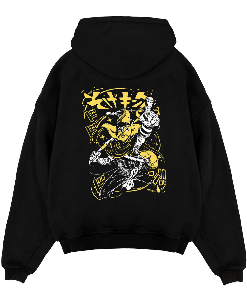 Black pullover hoodie laid flat on a white background, featuring JoJo’s Bizarre Adventure retro manga graphic of The World Stand in bold yellow comic panel style.