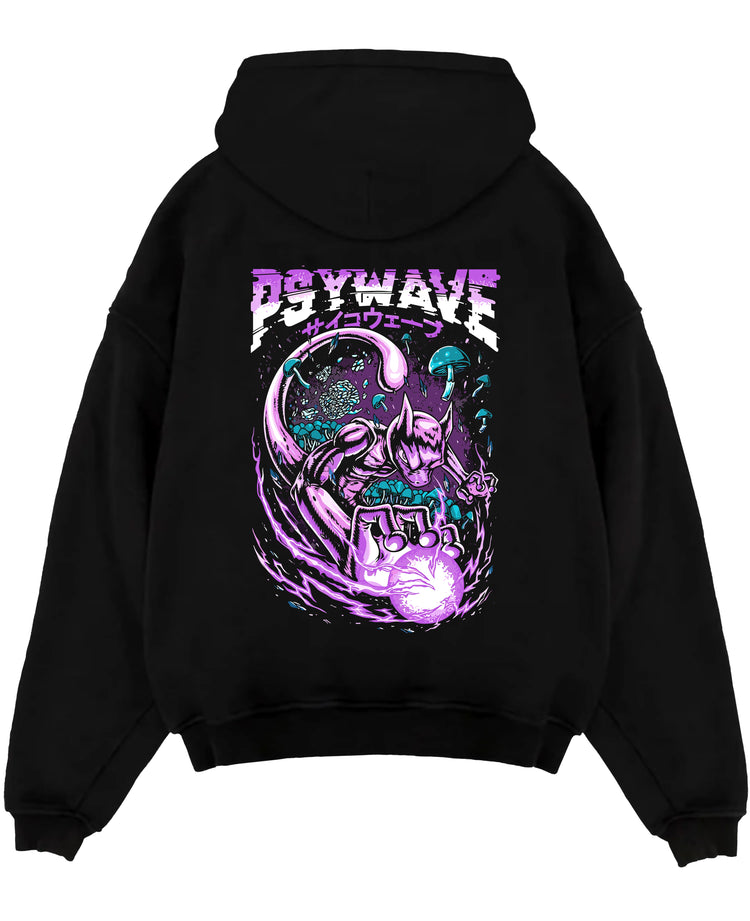 Black pullover hoodie laid flat on a white background, featuring Pokémon Mewtwo anime poster design with purple psywave energy.