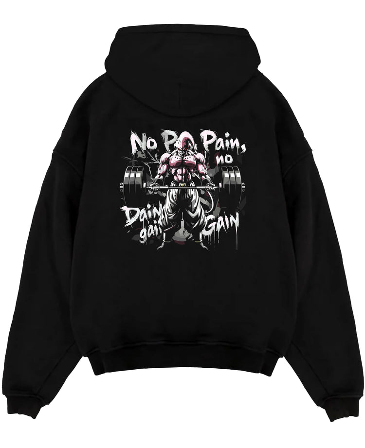 Black pullover hoodie laid flat on a white background, featuring Dragon Ball Majin Buu anime poster inspired design with barbell and “No Pain No Gain” slogan.