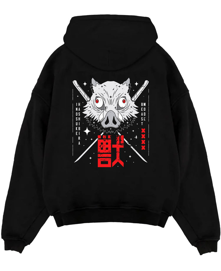 Black pullover hoodie laid flat on a white background, featuring Inosuke Hashibira anime poster inspired boar mask graphic with crossed swords in bold red and grey retro style.