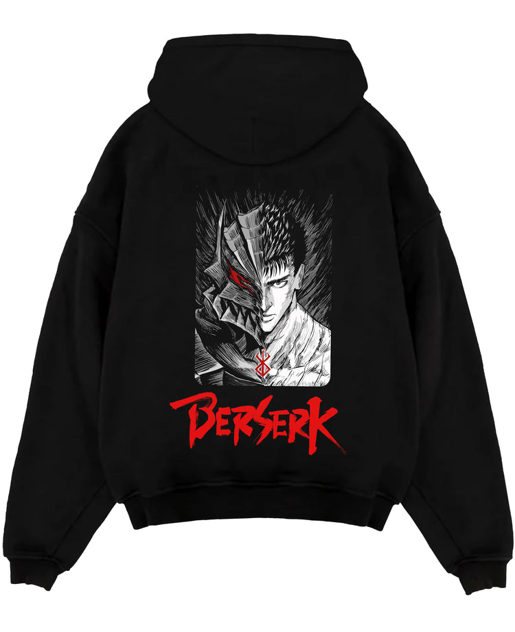 Black pullover hoodie laid flat on a white background, featuring Berserk Guts anime poster inspired design with half armor face in dark manga panel style.