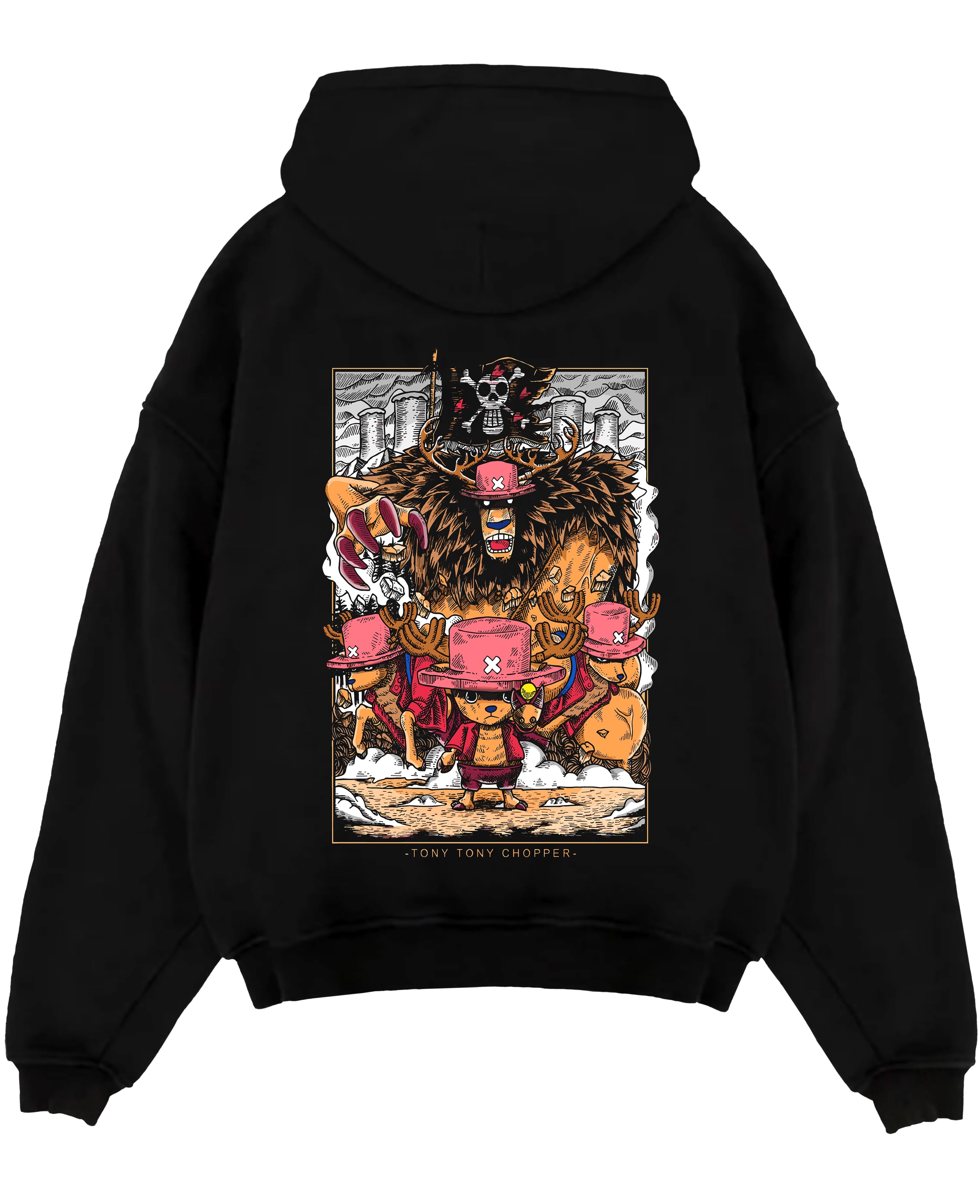 Black pullover hoodie laid flat on a white background, featuring One Piece Tony Tony Chopper anime poster inspired design with monster point form in retro manga style.