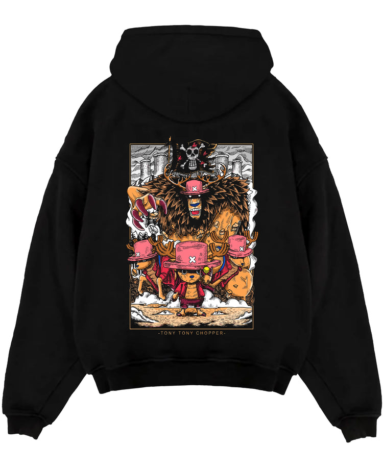 Black pullover hoodie laid flat on a white background, featuring One Piece Tony Tony Chopper anime poster inspired design with monster point form in retro manga style.