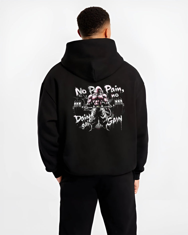 Black hoodie worn by a male model, back view, featuring Dragon Ball Majin Buu retro manga graphic lifting weights with bold “No Pain No Gain” workout theme.