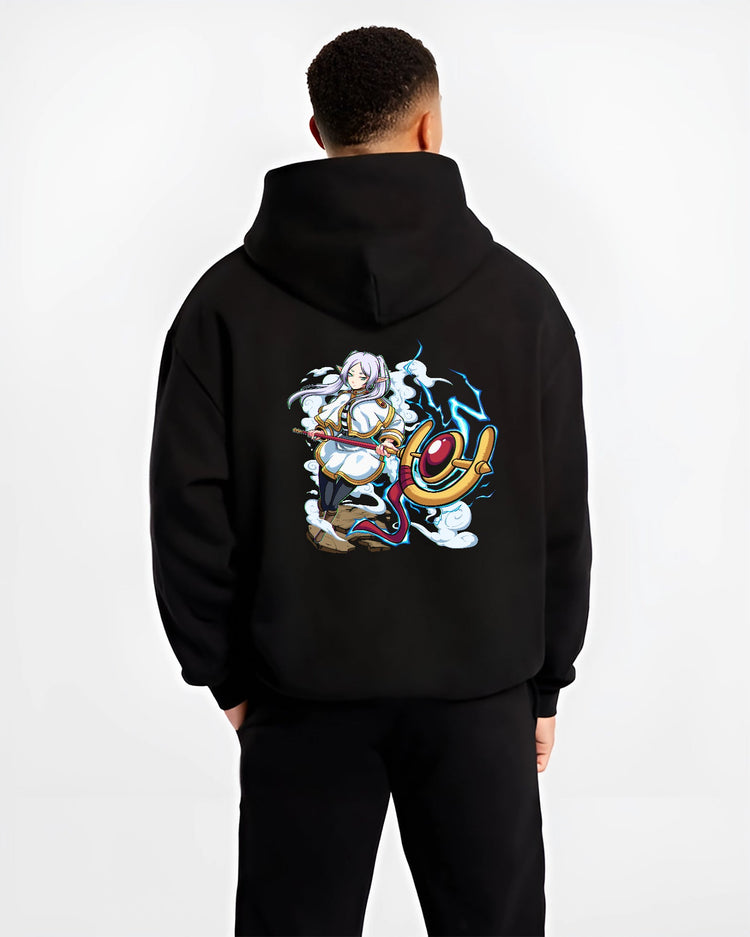 Black hoodie worn by a male model, back view, featuring Black Clover Mereoleona Japanese animation streetwear design with bold lightning and detailed manga artwork.