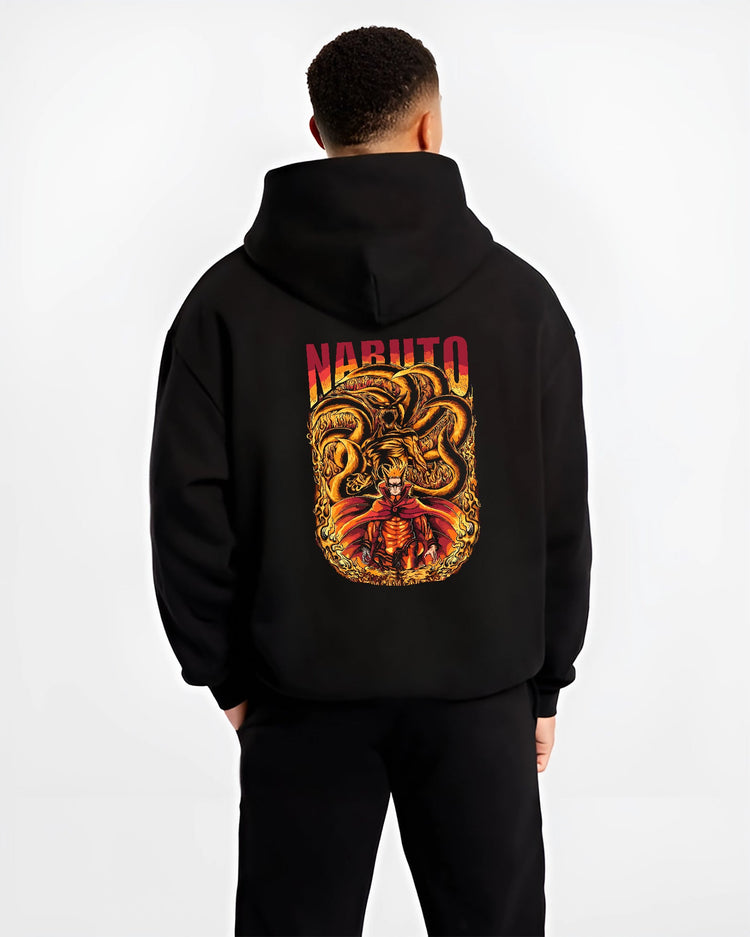 Black hoodie worn by a male model, back view, featuring Naruto with Kurama fiery retro manga style artwork in anime poster inspired design.