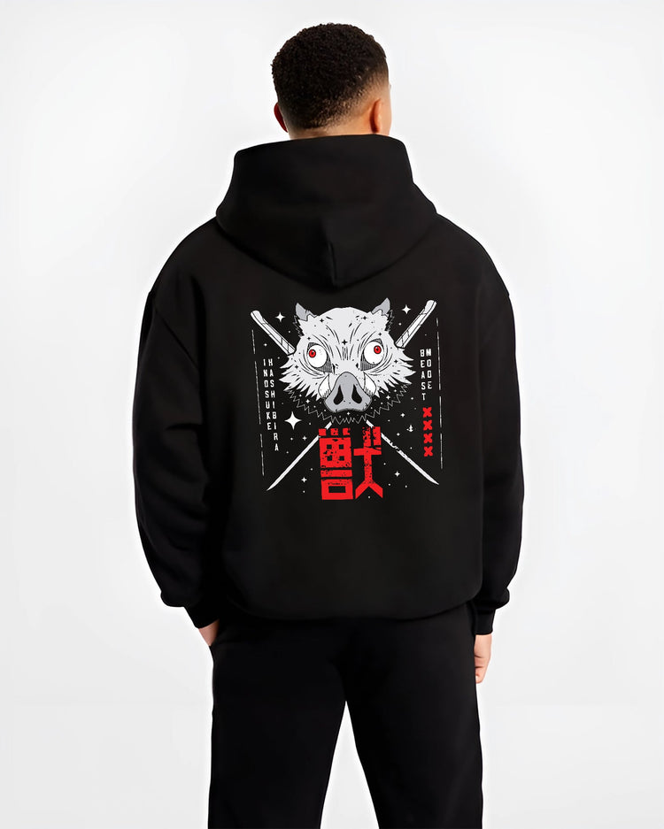 Black hoodie worn by a male model, back view, featuring Inosuke Hashibira retro manga graphic with detailed boar mask and crossed sword design in striking red accents.