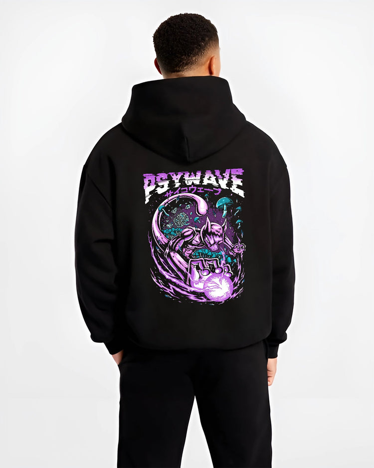 Black hoodie worn by a male model, back view, featuring Mewtwo retro manga graphic with swirling psychic orb and neon purple.