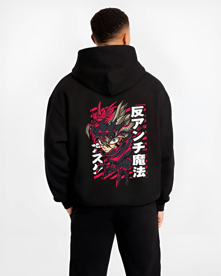 Black hoodie worn by a male model, back view, featuring Asta anti-magic shonen battle character with striking red retro manga panel style.