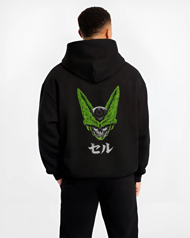 Black hoodie worn by a male model, back view, featuring Dragon Ball Cell skull fusion dark manga panel artwork in retro streetwear style.