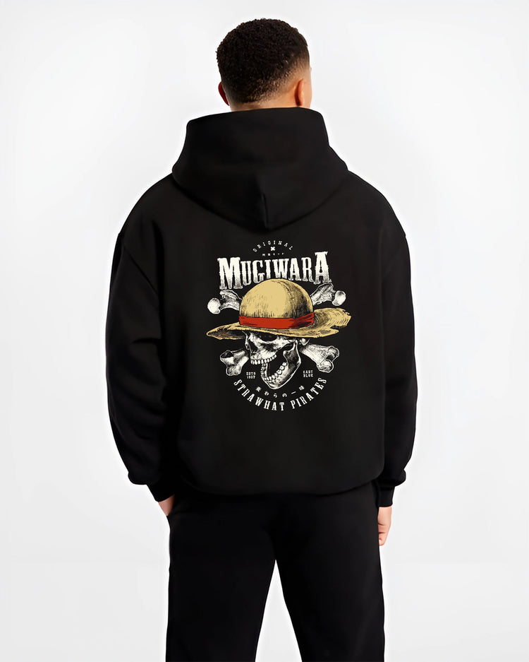 Black hoodie worn by a male model, back view, featuring One Piece Mugiwara skull and crossbones artwork in anime poster inspired design with retro streetwear vibe.