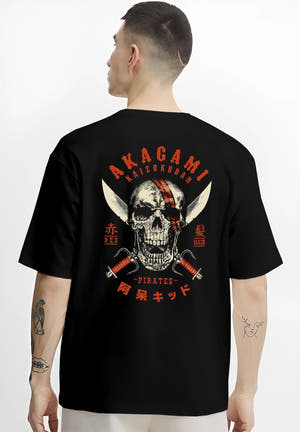 Black T-shirt worn by a male model, back view, featuring Akagami Red Hair Pirates skull comic villain inspired artwork with dark retro tones.