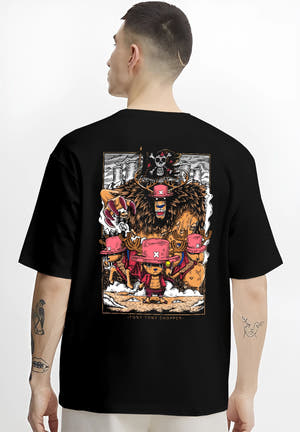 Black T-shirt worn by a male model, back view, featuring One Piece Chopper anime poster inspired design with monster form transformation in retro manga battle panel style.