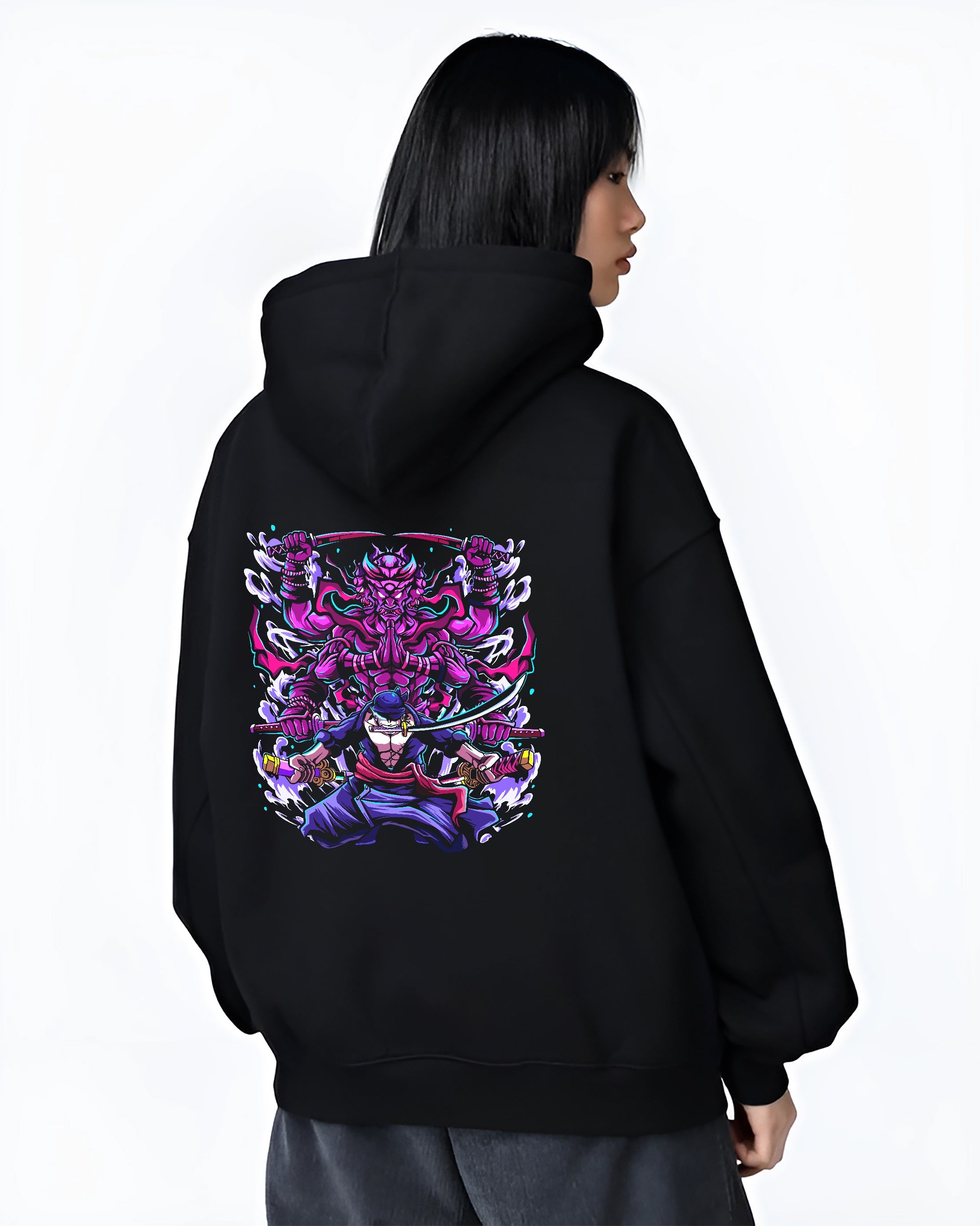 Black hoodie worn by a female model, back view, featuring Zoro Susanoo retro manga graphic with dramatic shonen battle aura in bold anime style.