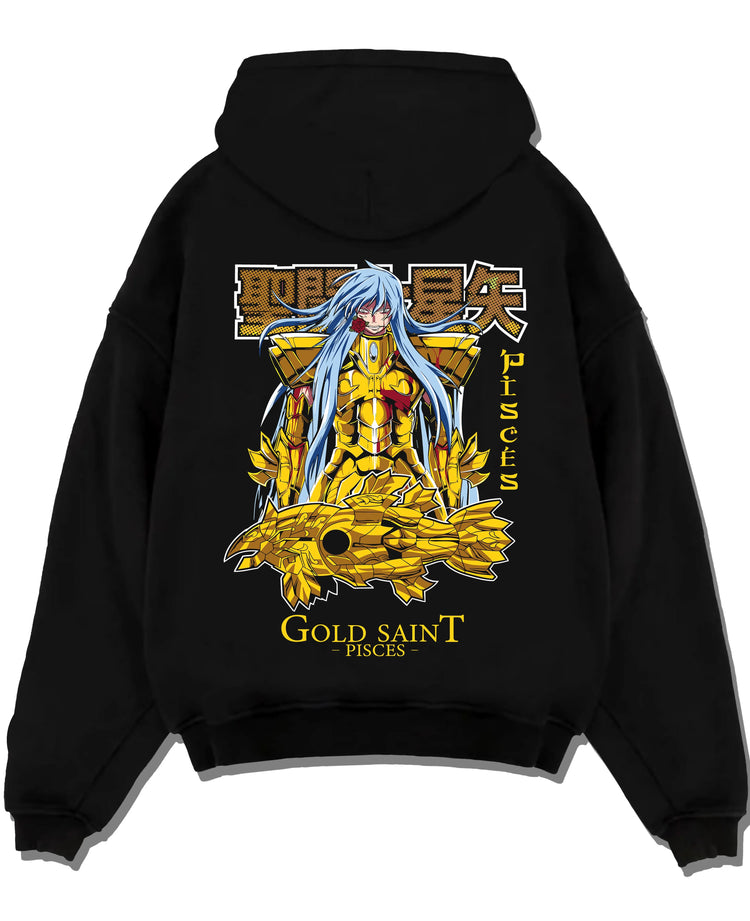 Black pullover hoodie laid flat with Pisces Gold Saint Hoodie Saint Seiya Mythic Zodiac graphic streetwear graphic.