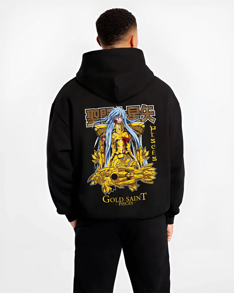 Black hoodie worn by male model, back view with Pisces Gold Saint Hoodie Saint Seiya Mythic Zodiac graphic premium wear.