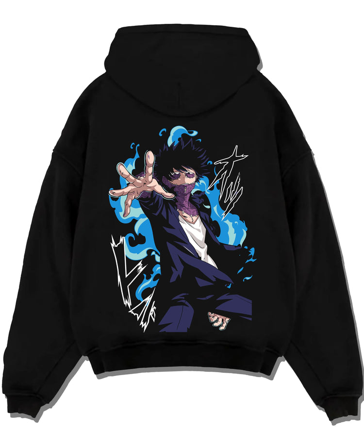 Black pullover hoodie laid flat with My Hero Academia All Might Hoodie Muscle Form Jumper graphic streetwear graphic.