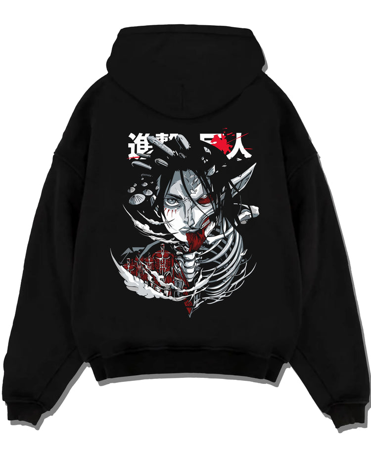 Black pullover hoodie laid flat with Founding Titan Hoodie Attack on Titan Skull Face Panel graphic bold anime graphic.
