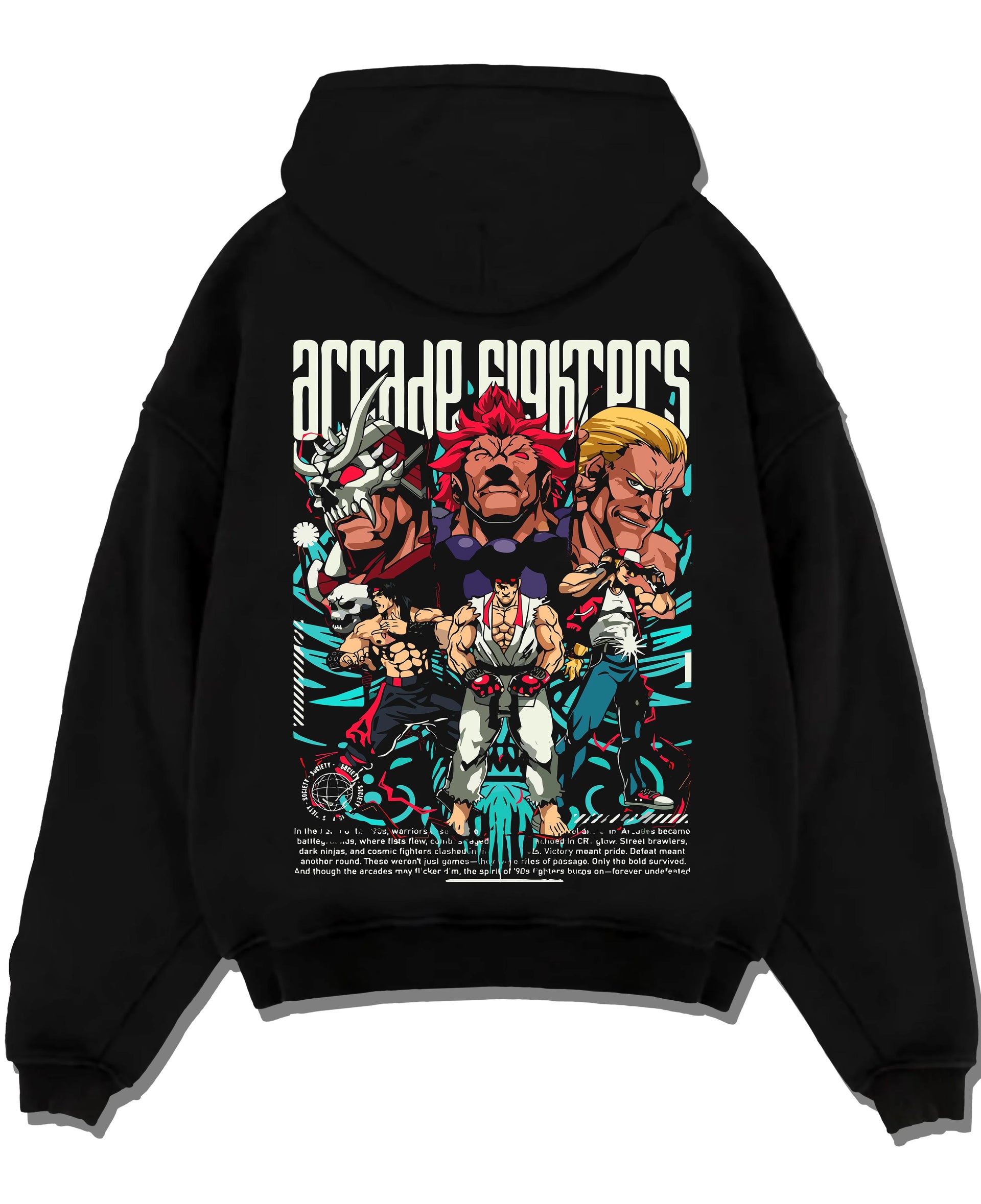 Black pullover hoodie laid flat with Arcade Legends Fighter Hoodie Street Fighter Fatal Fury graphic bold anime graphic.