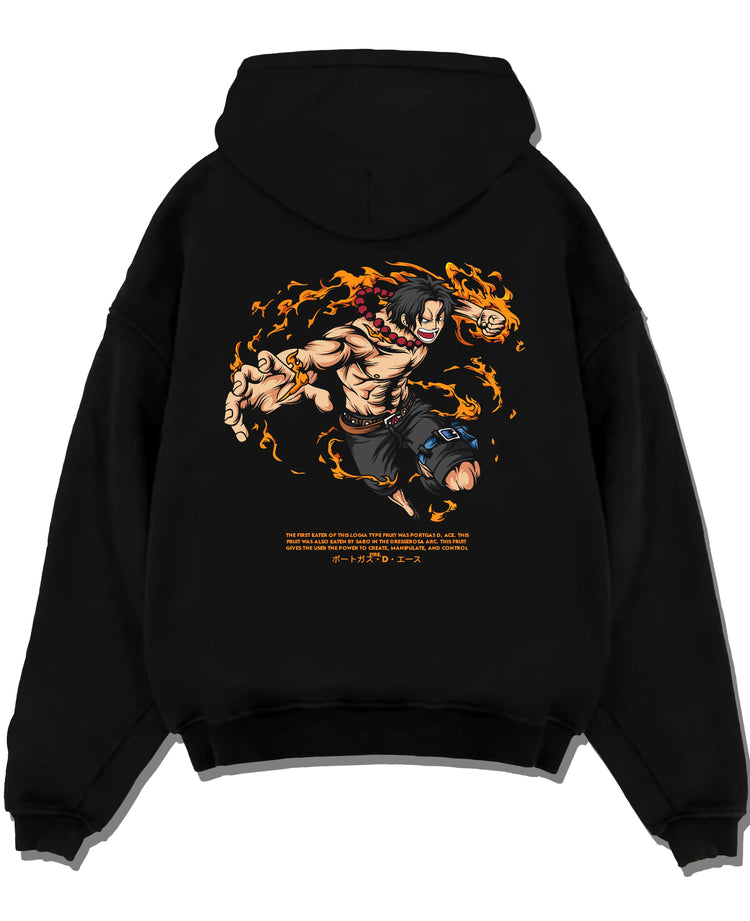 Black pullover hoodie laid flat on a white background, featuring One Piece Portgas D. Ace Japanese animation streetwear graphic with flames in retro manga artwork style.