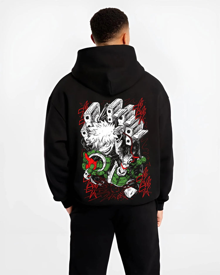 Black hoodie worn by male model, back view with My Hero Academia Bakugo Hoodie Fierce Explosion Jumper graphic streetwear graphic.