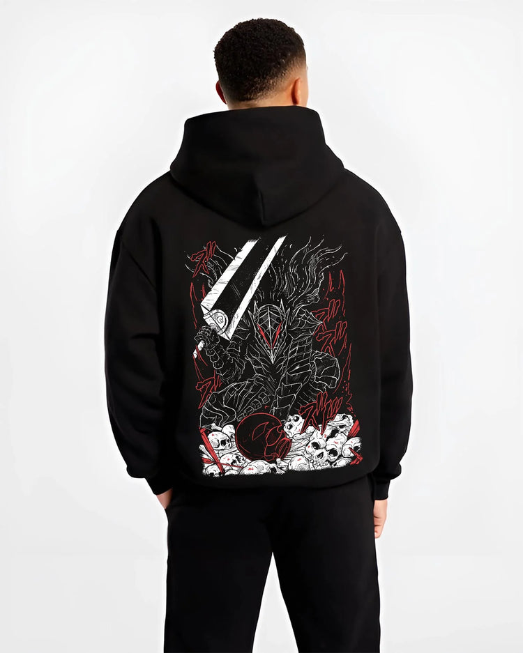 Black hoodie worn by male model, back view with Berserk Eclipse Hoodie Dark Fantasy Bloody Eclipse graphic Guts anime design.