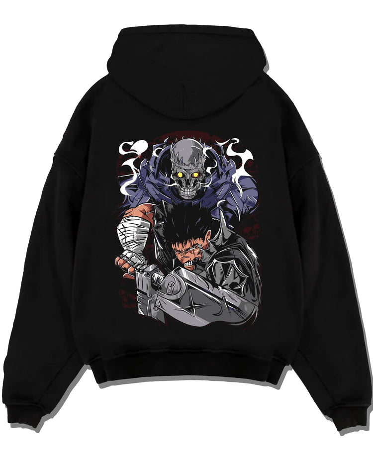 Black pullover hoodie laid flat with Guts Berserk Hoodie Eclipse Hero Dark Blade Poster graphic bold anime graphic.