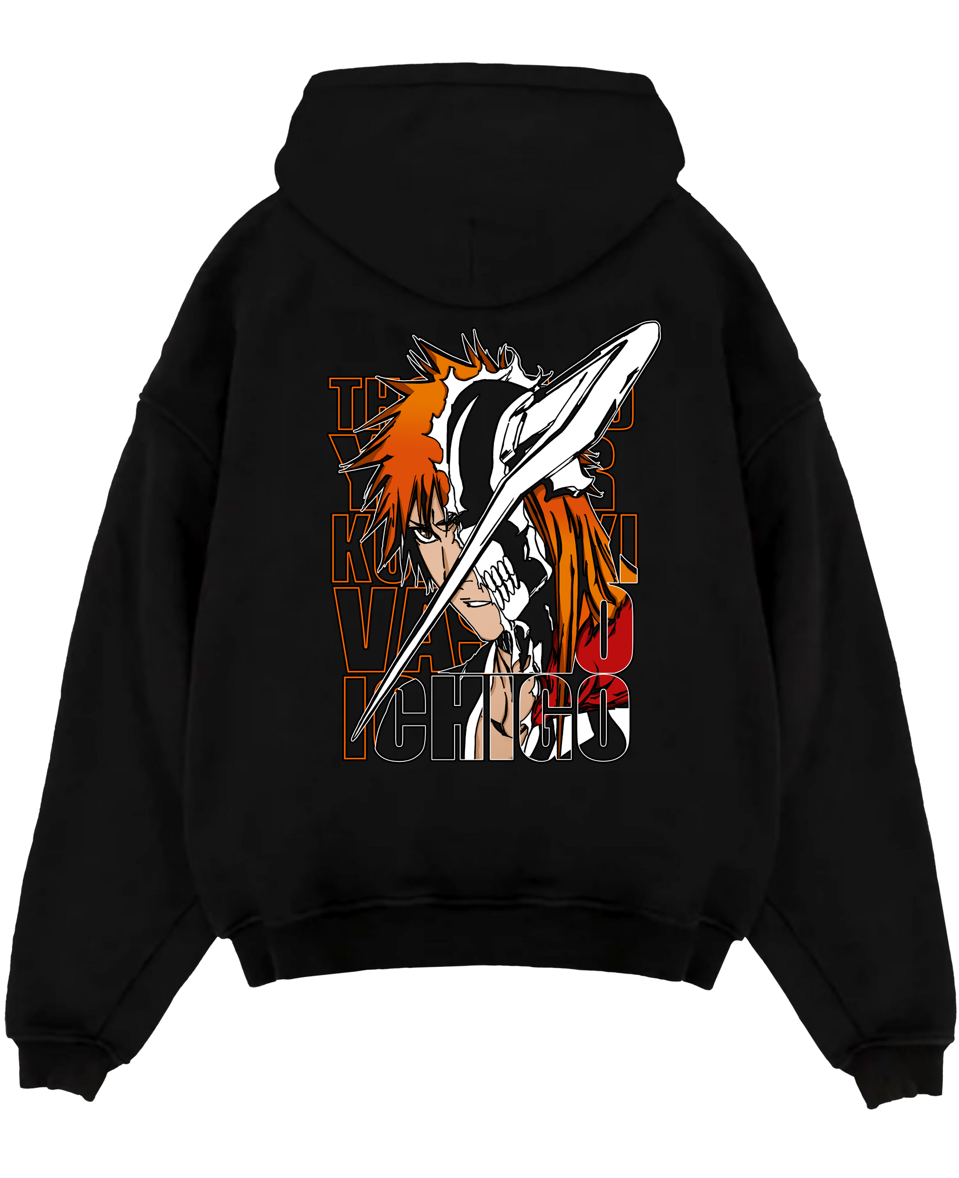 Black pullover hoodie laid flat on a white background, featuring Bleach Ichigo Kurosaki Vasto Lorde anime poster inspired design with retro manga artwork style.