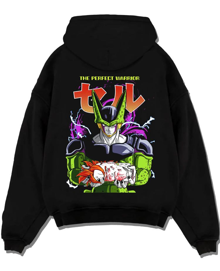 Black pullover hoodie laid flat with Perfect Cell Hoodie Dragon Ball Z Warrior Form Pose graphic premium wear.