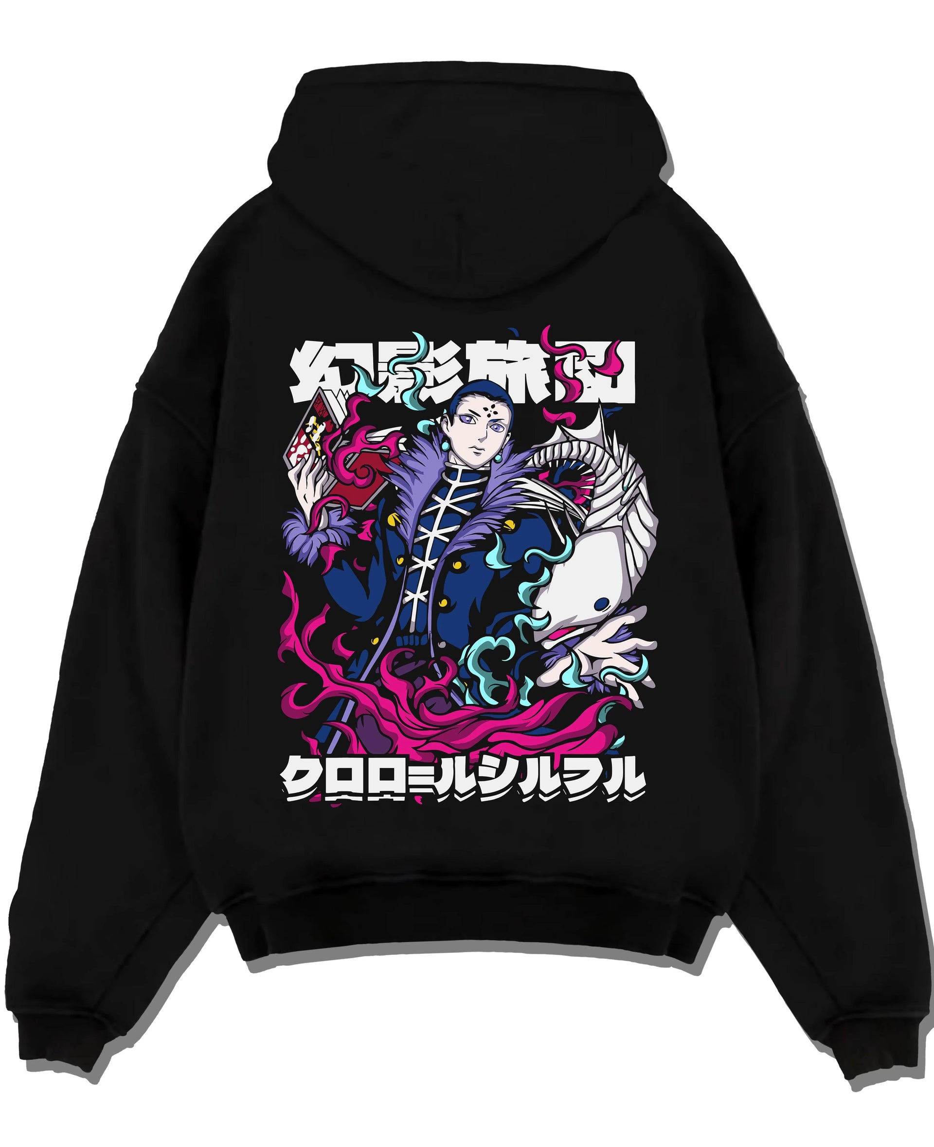 Black pullover hoodie laid flat with Chrollo Hoodie Hunter x Hunter Phantom Troupe Leader graphic bold anime graphic.