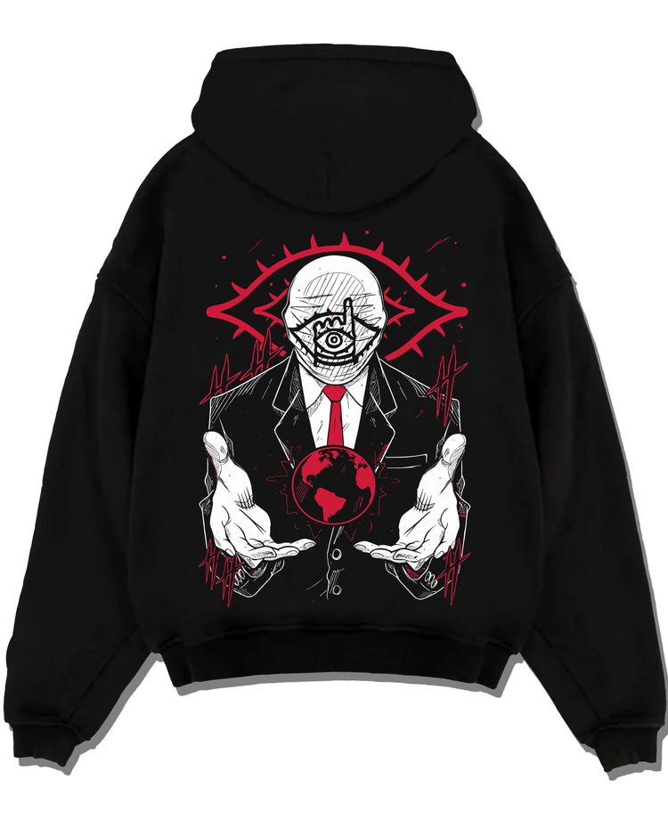 Black pullover hoodie laid flat featuring Friend 20th Century Boys anime poster inspired cult leader motif with retro streetwear graphic design.