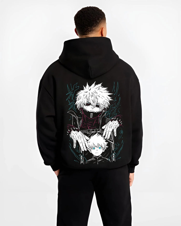 Black hoodie worn by male model, back view with Dabi Hoodie My Hero Academia Blue Flames Villain Art graphic Dabi themed artwork.