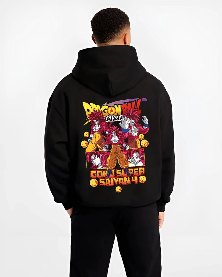 Black hoodie worn by male model, back view with Goku Super Saiyan 4 Hoodie Dragon Ball GT Retro Print graphic Goku themed artwork.