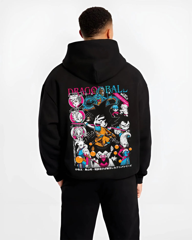 Black hoodie worn by male model, back view with Goku Adventure Hoodie Dragon Ball Daima Hero Anime graphic premium wear.