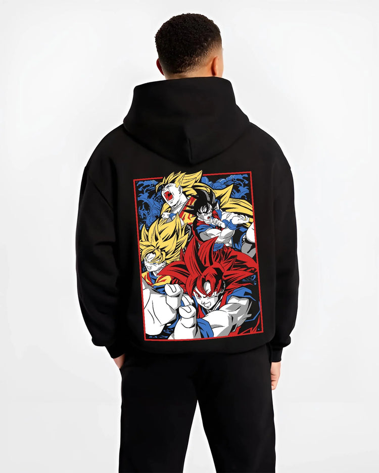 Black hoodie worn by male model, back view with Goku Hoodie Dragon Ball Z Saiyan Transform Battle graphic streetwear graphic.