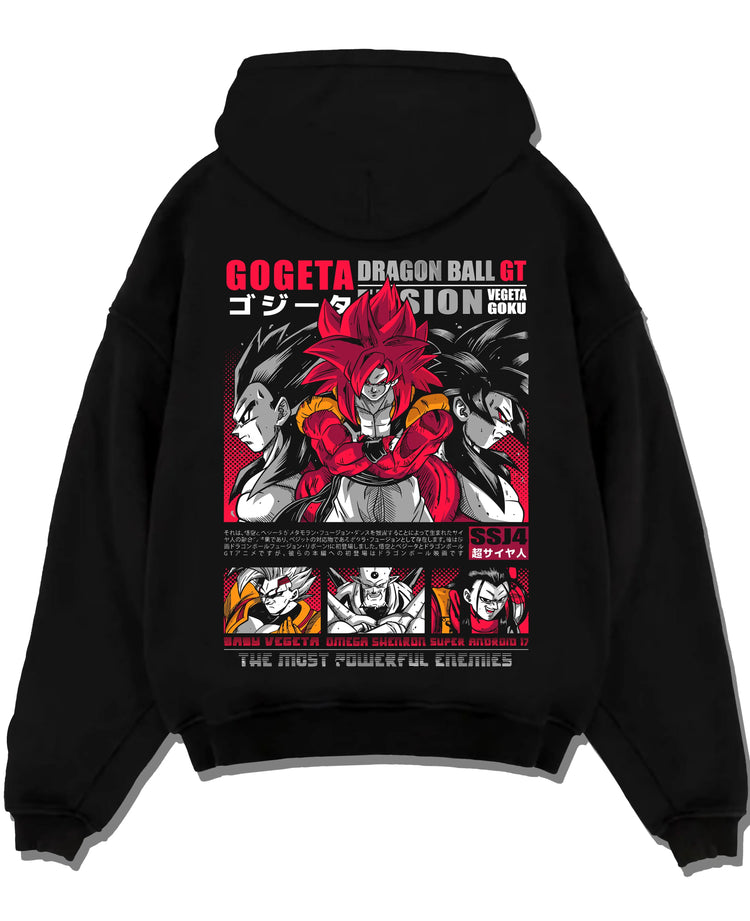 Black pullover hoodie laid flat with Gogeta Hoodie Dragon Ball GT Super Saiyan Fusion graphic premium wear.