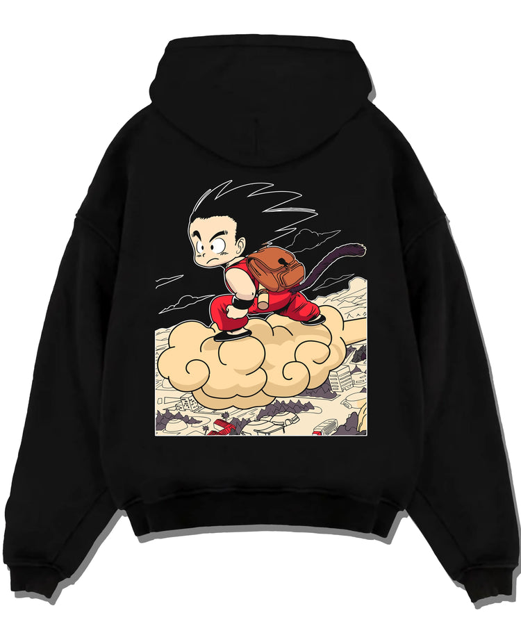 Black pullover hoodie laid flat with Goku Hoodie Dragon Ball Kid Nimbus Cloud Adventure graphic premium wear.