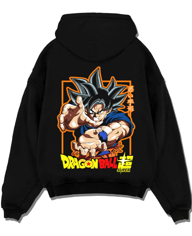 Black pullover hoodie laid flat with Goku Hoodie Dragon Ball Super Ultra Instinct Power graphic premium wear.
